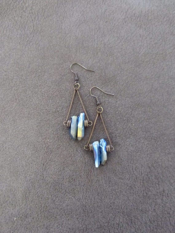 Raw quartz teal crystal earrings bronze
