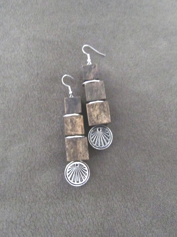 Stained wooden geometric mid century modern earrings 22