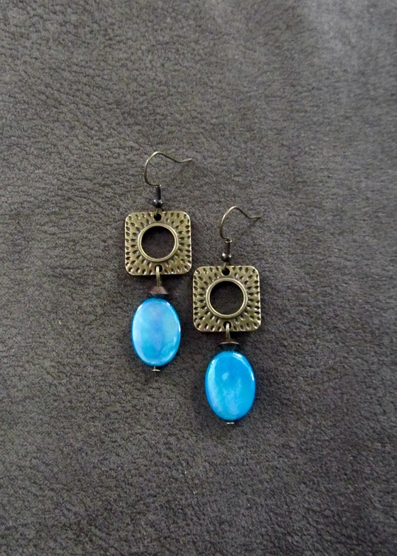 Blue mother of pearl shell and antique bronze earrings