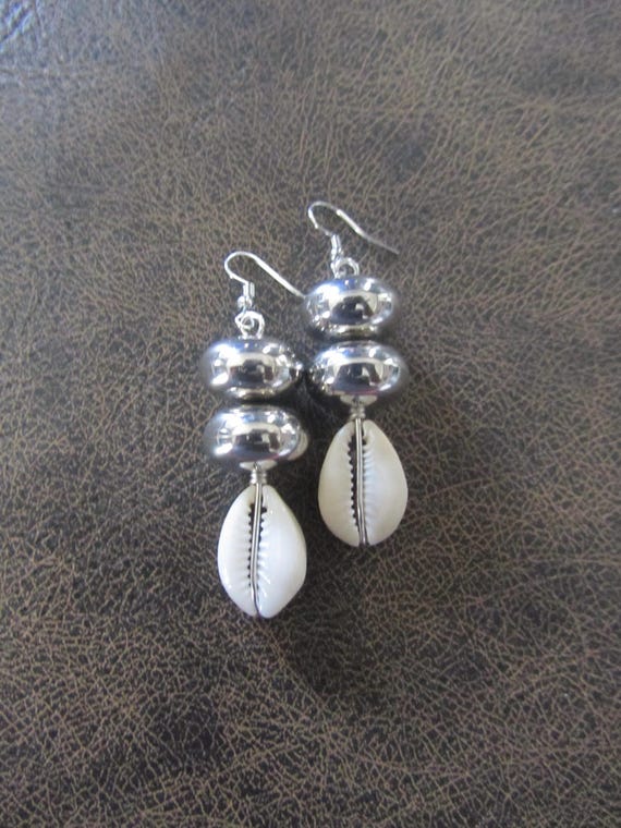 Chunky cowrie shell and silver earrings