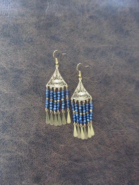 Blue and gold chandelier earrings, gypsy crystal dangle earrings