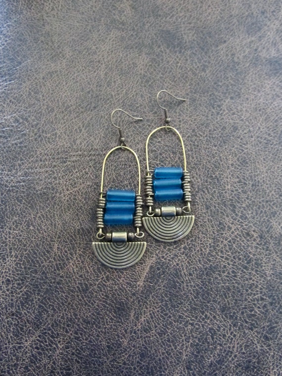 Baby blue frosted glass chandelier earrings, statement earrings, bold earrings, etched bronze earrings, tribal ethnic earrings, chic