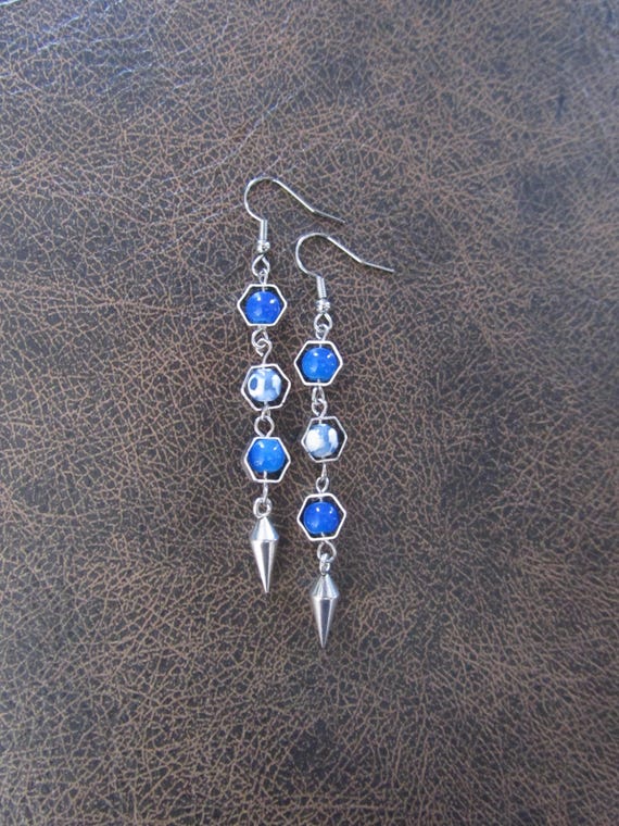 Silver and blue Tibetan agate geometric hexagon earrings