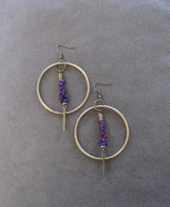 Bronze hoop and purple nugget earrings