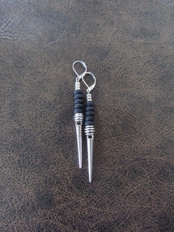 Geometric earrings, black and silver minimalist earrings, spike earrings, unique Art Deco earrings