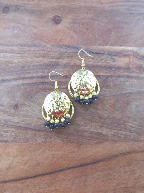 Chandelier earrings, hammered gold and black lava rock