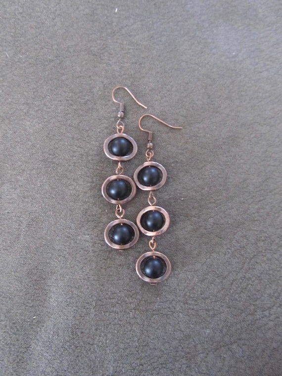 Long black frosted glass  and copper earrings