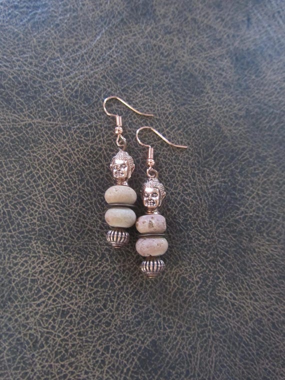 Buddha earrings, peach druzy agate and copper earrings
