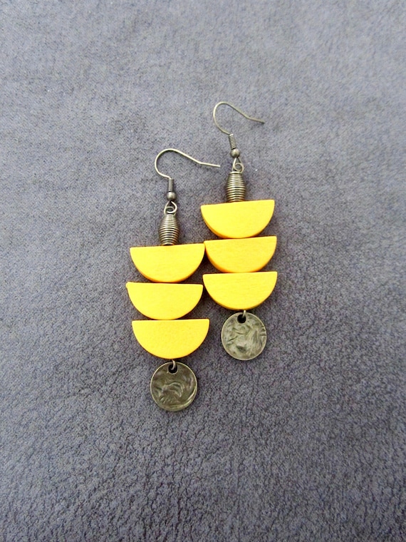 Long Yellow Wood Earrings: Brass Afrocentric Geometric Statement