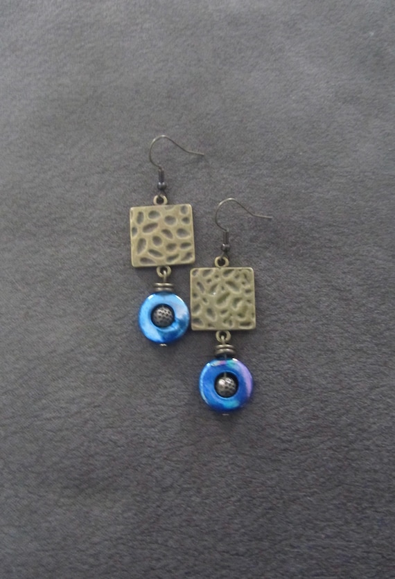 Blue mother of pearl and bronze animal print earrings