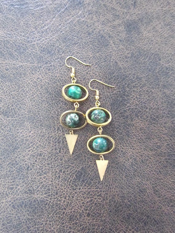 Green imperial jasper and gold dangle earrings