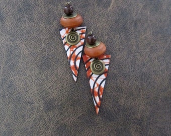 African print earrings, Ankara earrings, ankh earrings, bold statement earrings, Afrocentric earrings, triangle batik earrings, orange