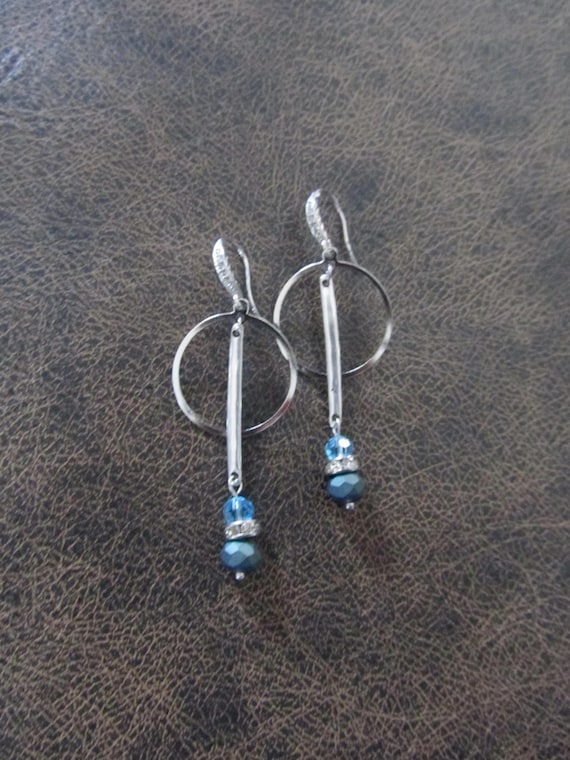 Modern industrial silver and crystal hoop earrings