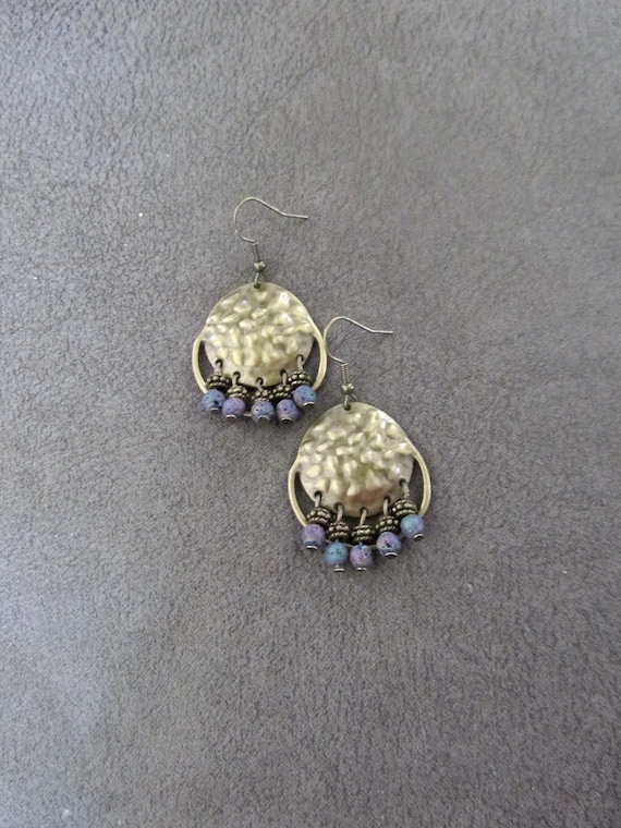 Chandelier earrings, hammered bronze and multicolored lava rock