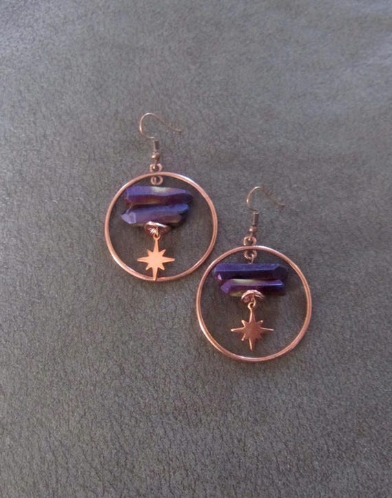 Raw quartz purple crystal earrings, rustic boho copper unique earrings, geode natural bohemian hoop 2