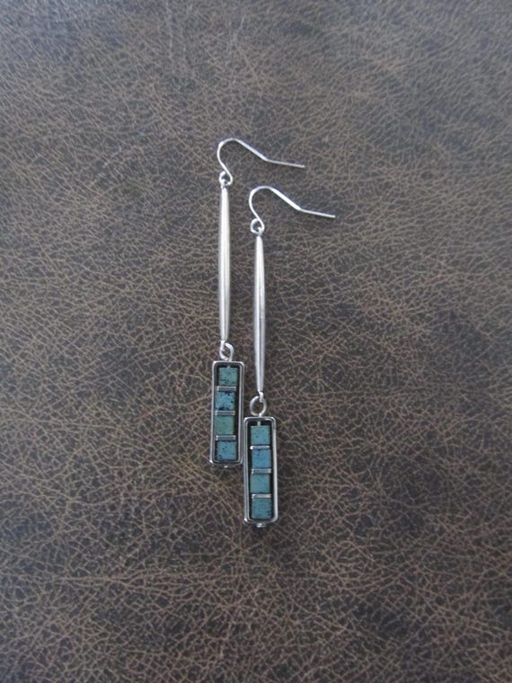 Industrial earrings, teal lava rock and silver minimalist earrings