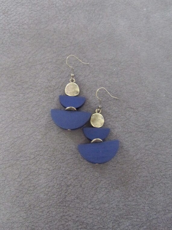 Navy blue geometric wooden mid century modern earrings