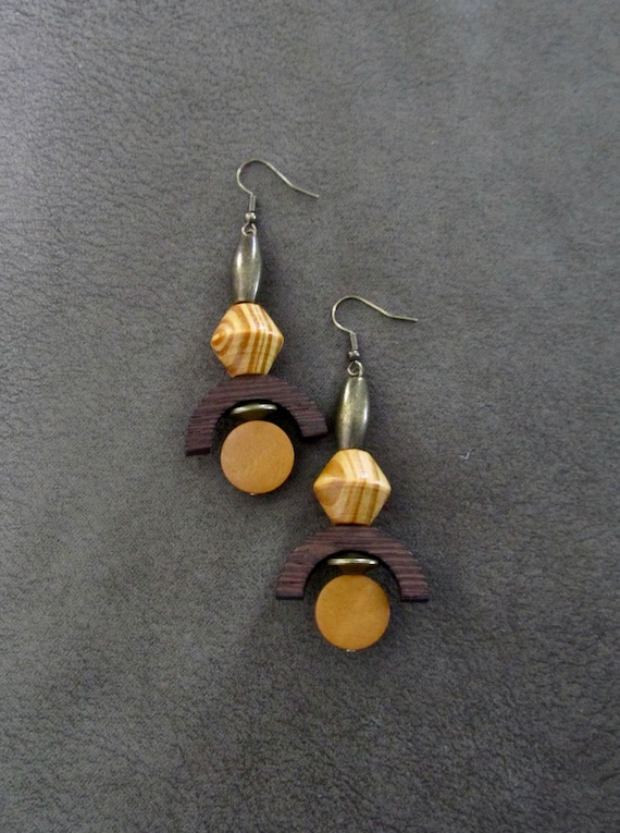 Earth tone wood earrings, Afrocentric African earrings, bold earrings, statement earrings, geometric earrings, rustic natural earrings 2