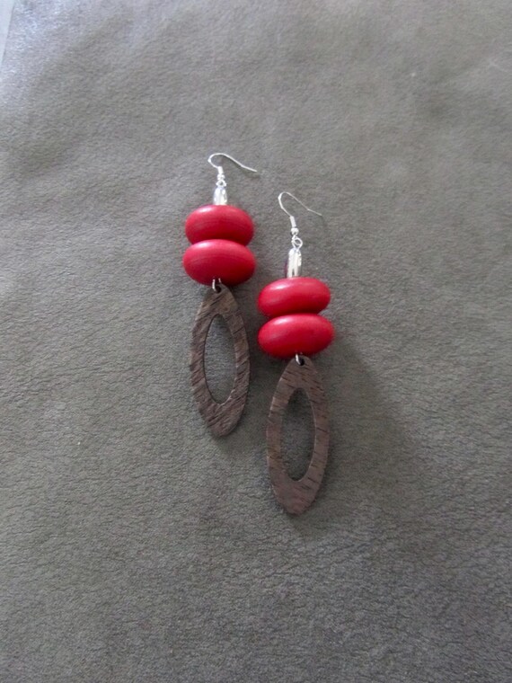 Chunky wooden geometric earrings, red