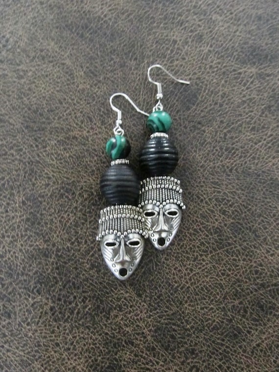 African mask earrings, tribal tiki, malachite