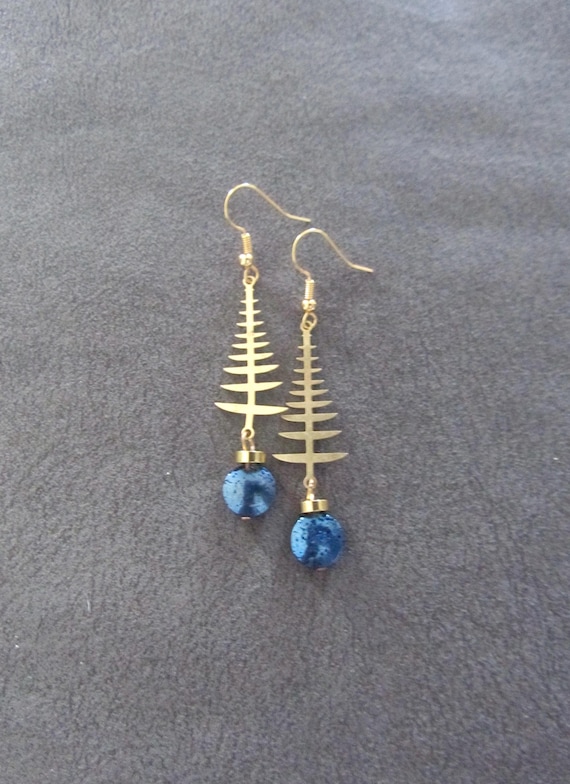 Unique fish bone brass and lava rock earrings