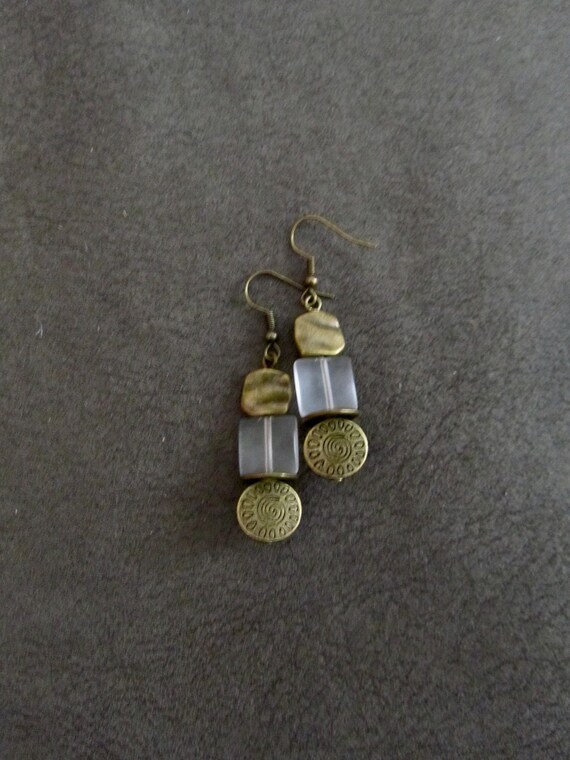 Sea glass earrings, boho chic earrings, tribal ethnic earrings, bold earrings, bronze earrings, unique artisan earrings, clear frosted glass