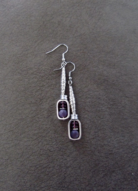 Purple stone and silver boho earrings, artisan earring, simple chic
