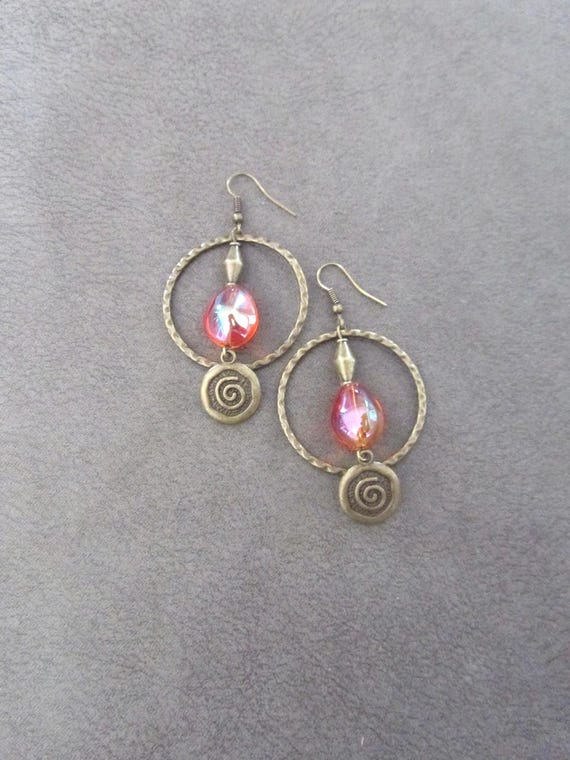 Bronze and orange glass hoop earrings