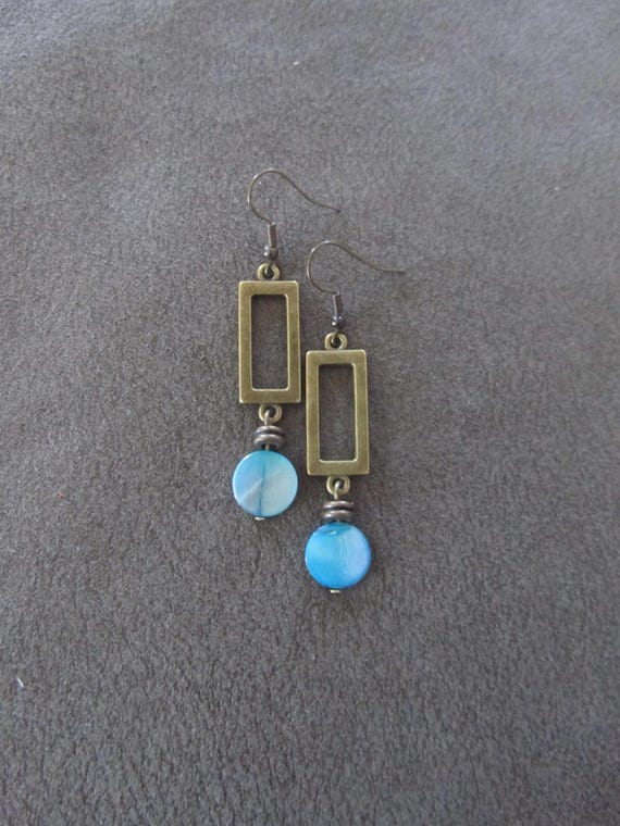 Blue mother of pearl shell and antique bronze earrings