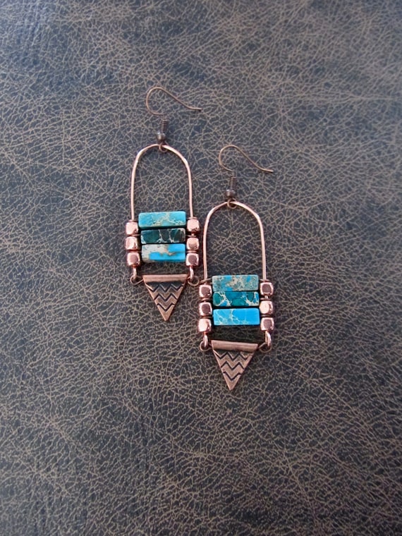 Sediment jasper and copper ethnic earrings, blue