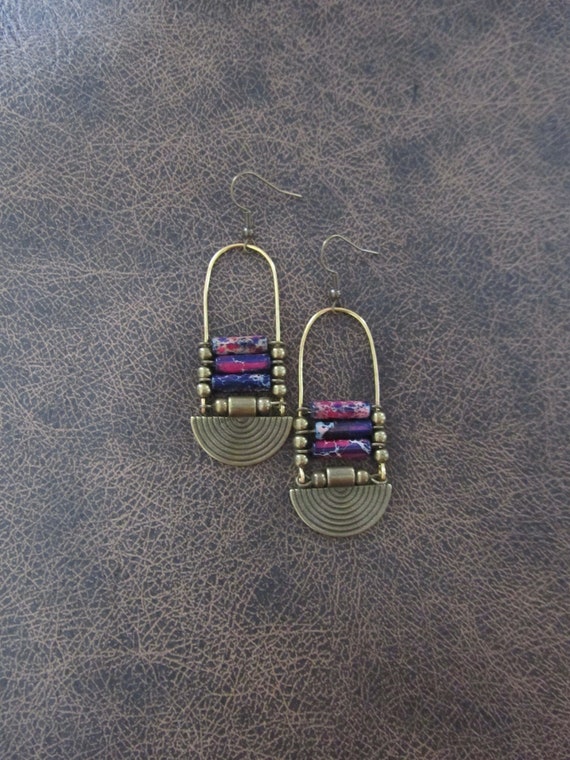 Pink and blue jasper ethnic earrings