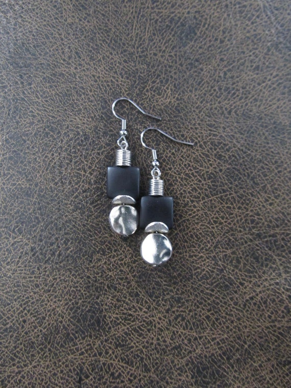 Silver and black frosted glass earrings