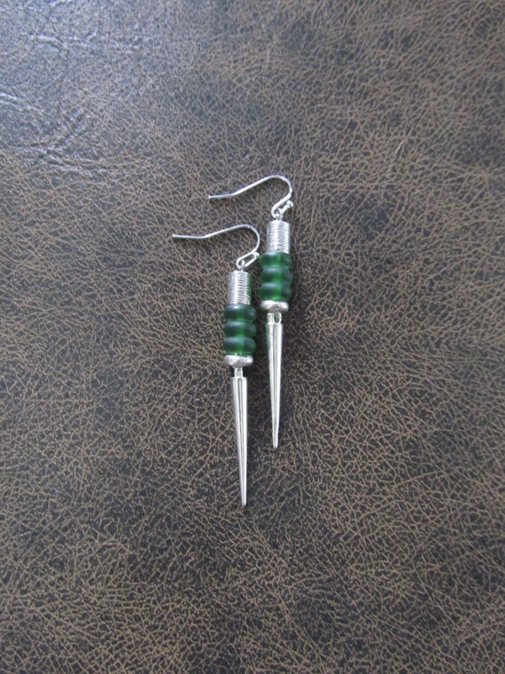 Green frosted glass earrings, silver spike