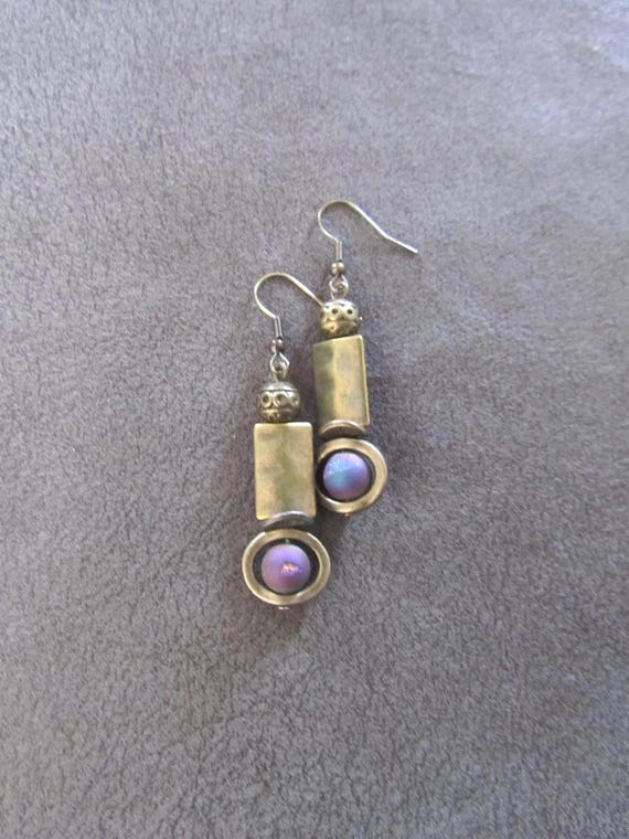 Hammered bronze earrings, gypsy earrings, rainbow multicolor druzy agate earring