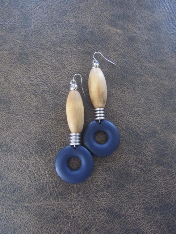 Blue wooden geometric earrings