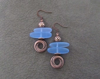 Frosted glass and etched copper earrings