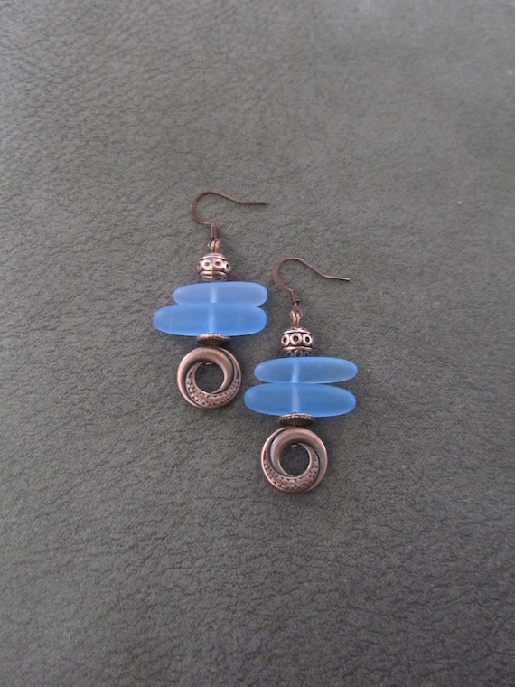 Frosted glass and etched copper earrings