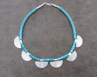 Ethnic blue magnesite and silver southwest necklace