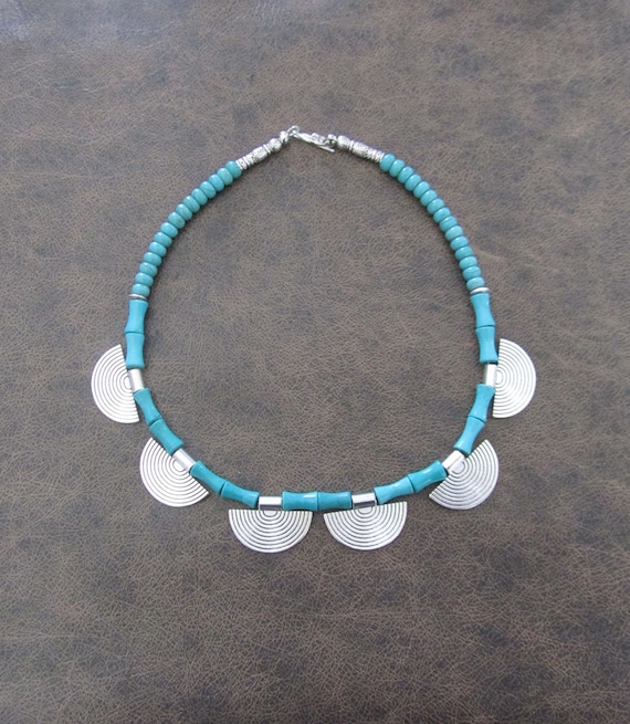 Ethnic blue magnesite and silver southwest necklace
