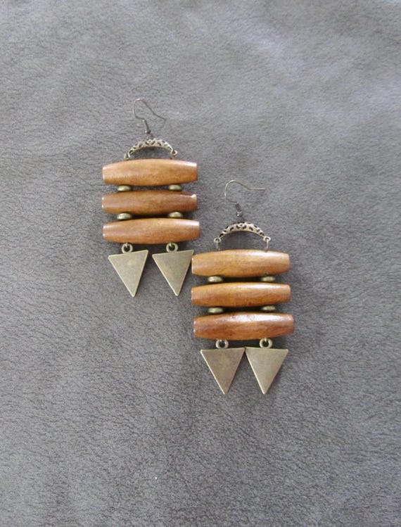 Large unique up cycled toggle wooden earrings