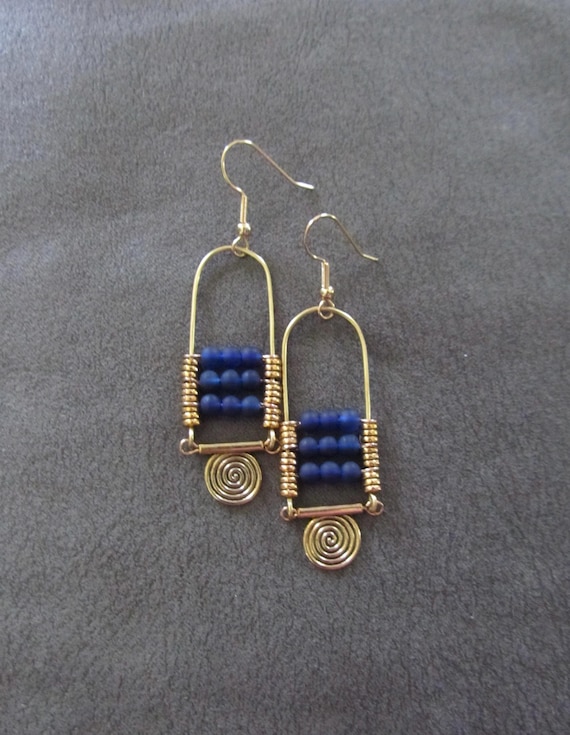 Blue frosted glass and gold chandelier earrings