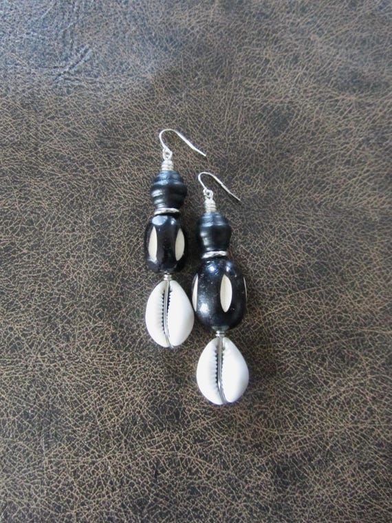 Large Batik print bone and cowrie shell earrings
