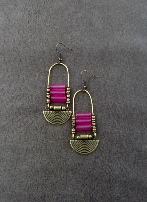 Pink frosted glass chandelier earrings, statement earrings, bold earrings, etched metal earrings, tribal ethnic earrings, chic earring