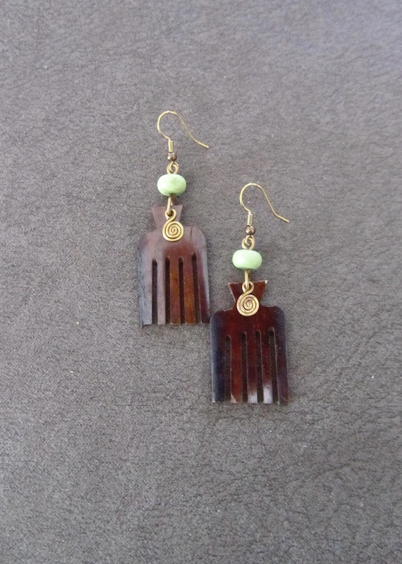Carved bone comb earrings, afro pick earrings