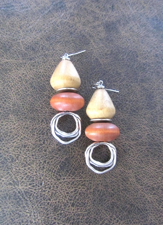 Chunky orange wooden and hammered silver earrings