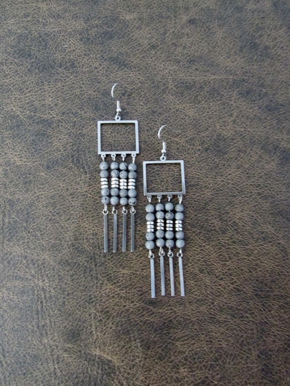 Long lava rock and silver chandelier earrings