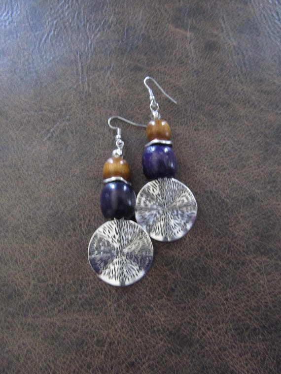 Etched silver southwestern boho chic earrings, purple