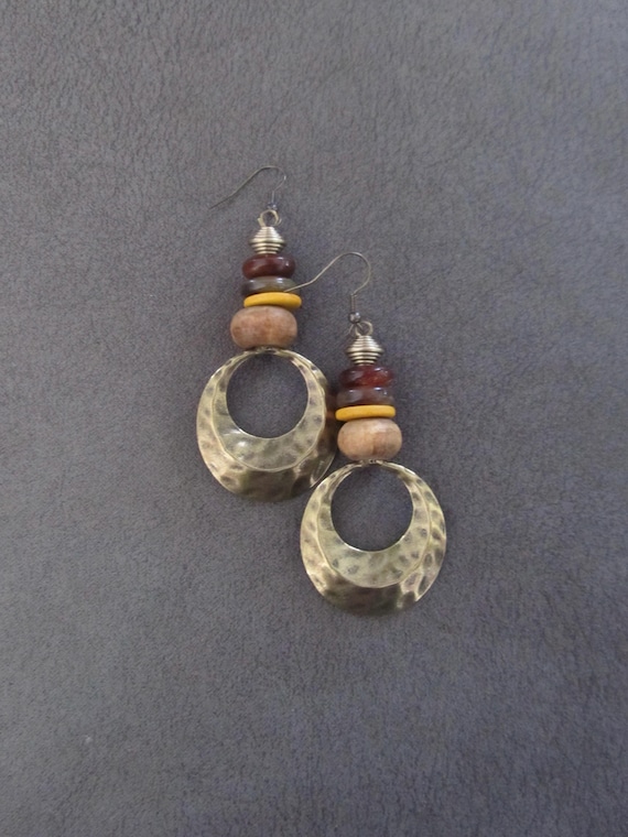 Hammered bronze and bone bohemian earrings