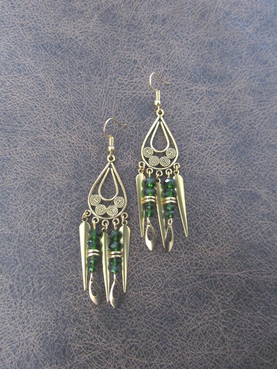 Green and gold chandelier earrings, gypsy crystal dangle earrings