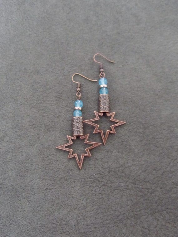 Copper starburst earrings, blue